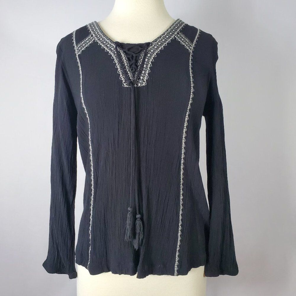 Black Boho Peasant Top With White Embroidery & Tassels